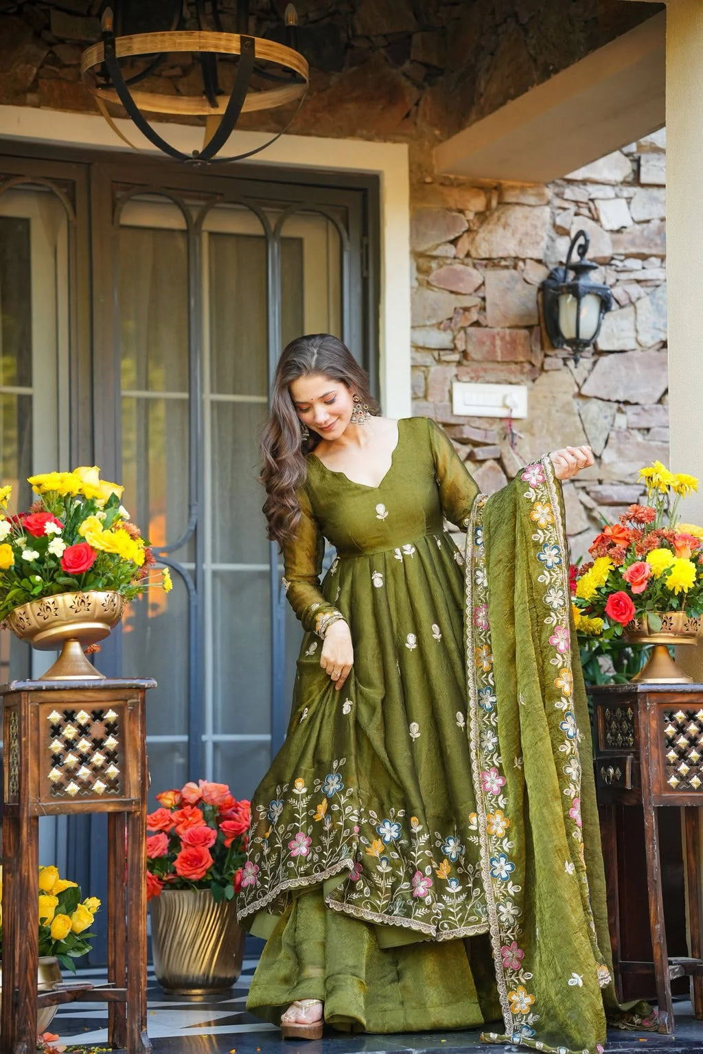 Crunchy Silk Sequins Embroidered Anarkali Sharara Suit Set [3 PCS]