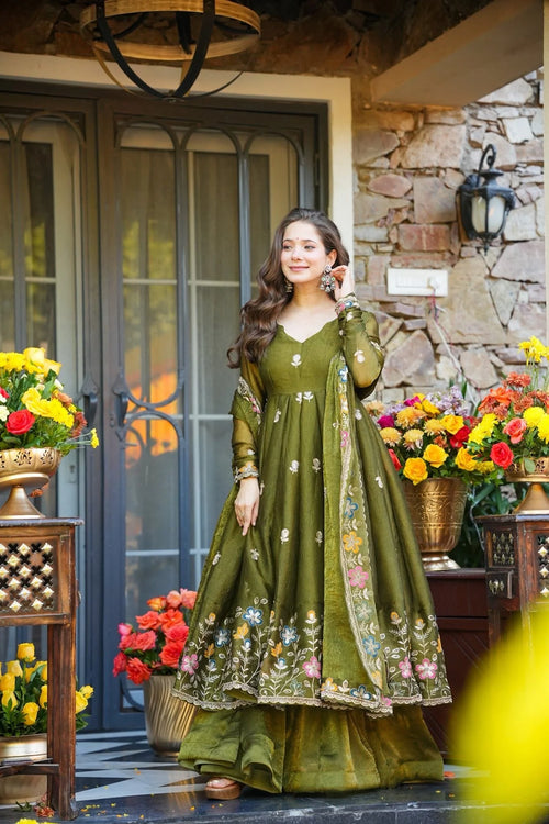 Crunchy Silk Sequins Embroidered Anarkali Sharara Suit Set [3 PCS]