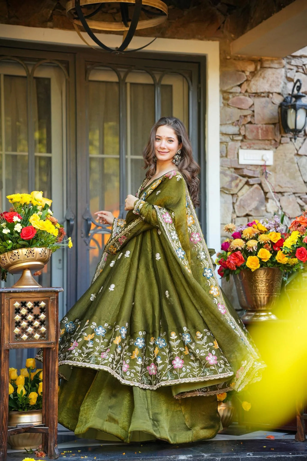 Crunchy Silk Sequins Embroidered Anarkali Sharara Suit Set [3 PCS]