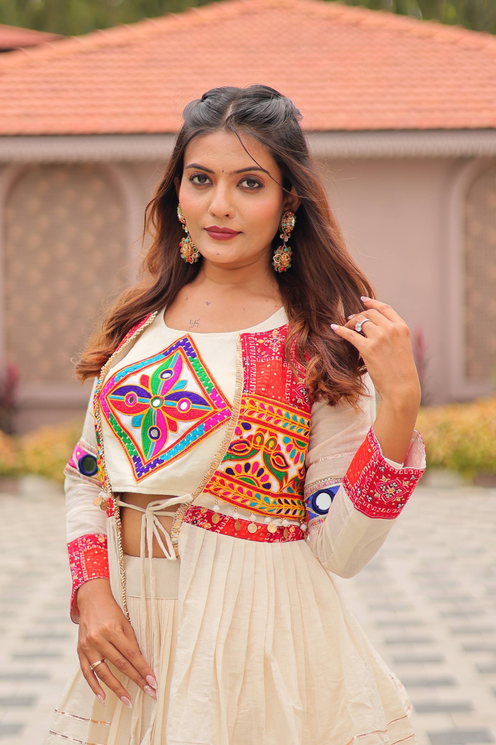 Navratri Gamathi Work Cotton Lehenga Choli Set with Koti [3 PCS]