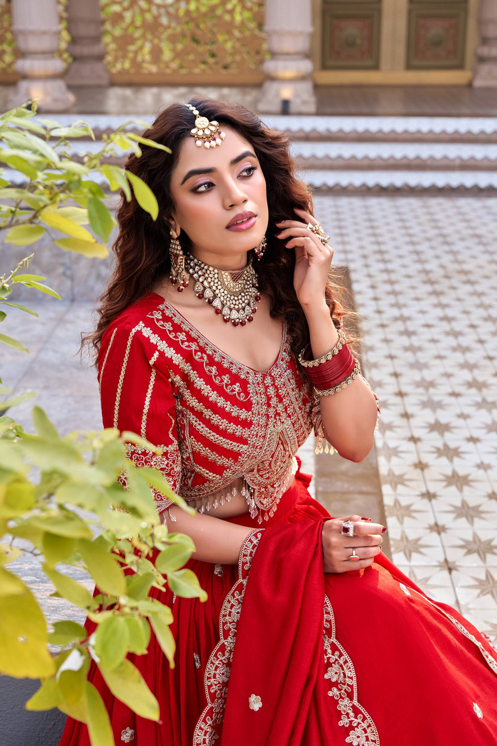 Red Vichitra Cording Embroidered Wedding Lehenga Choli Set with Dupatta [3 PCS]