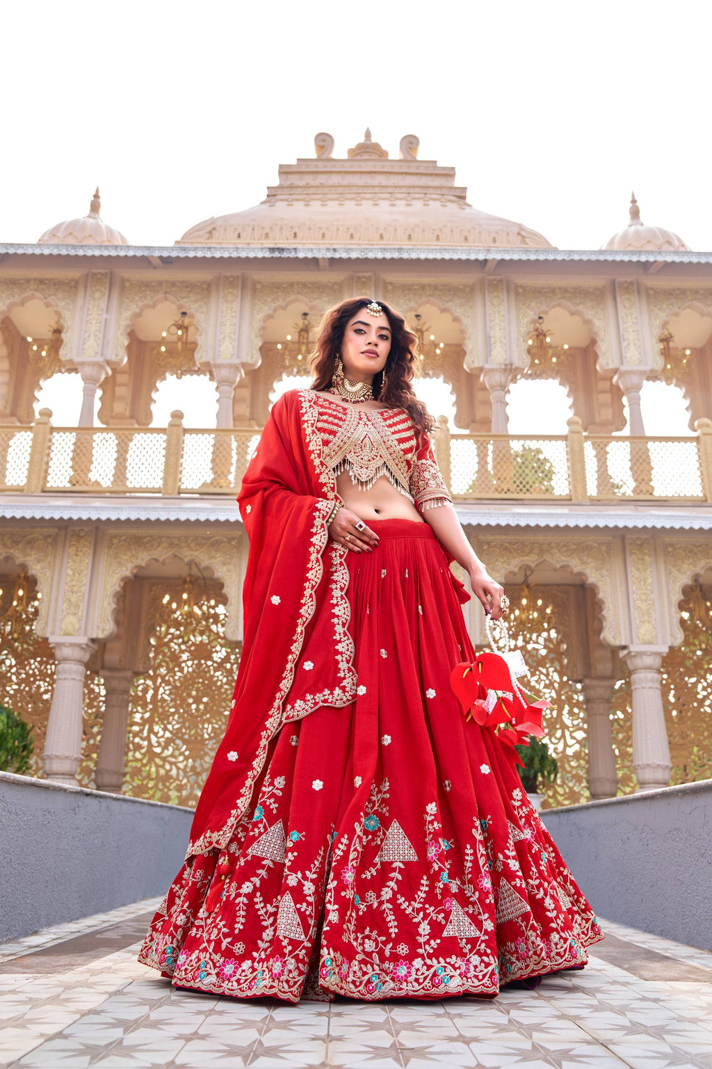 Red Vichitra Cording Embroidered Wedding Lehenga Choli Set with Dupatta [3 PCS]