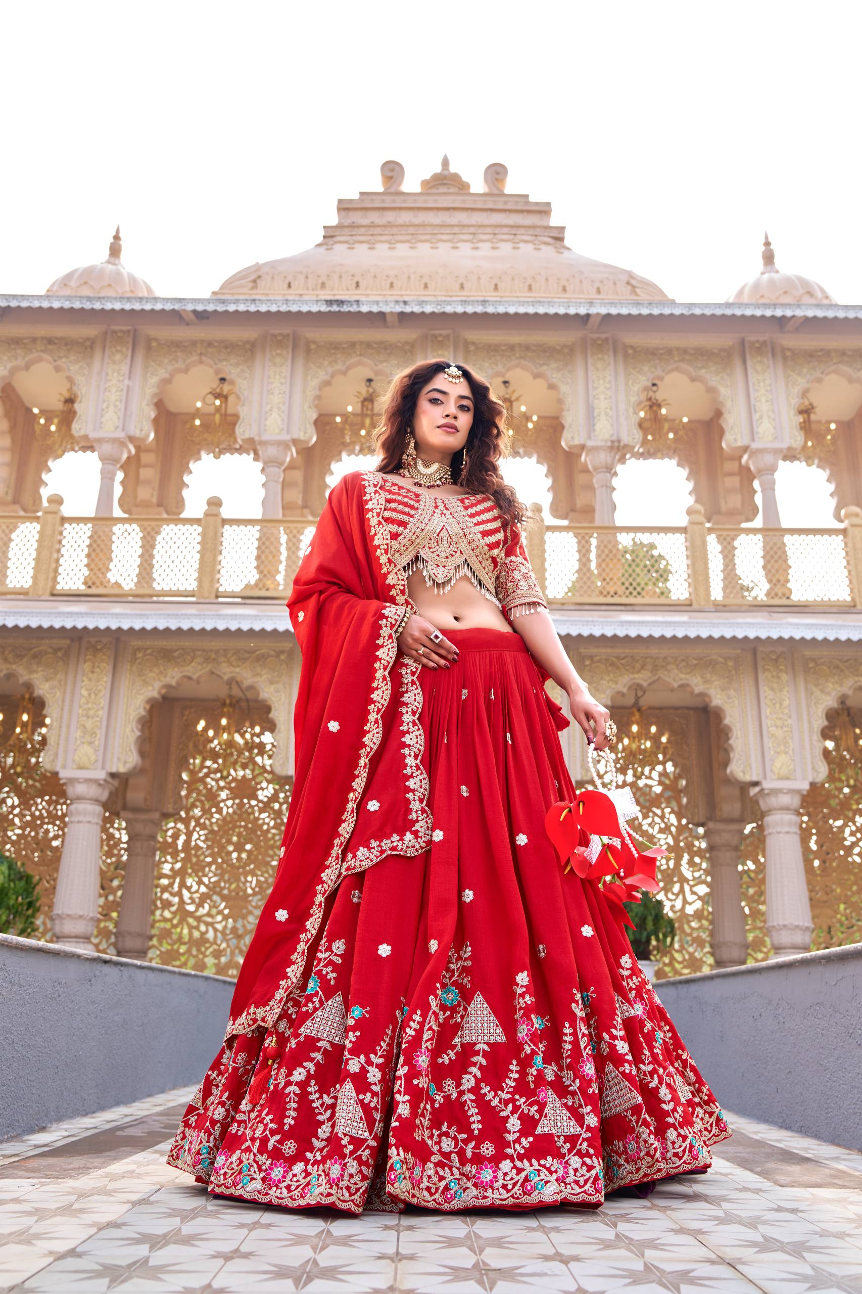 Red Vichitra Cording Embroidered Wedding Lehenga Choli Set with Dupatta [3 PCS]