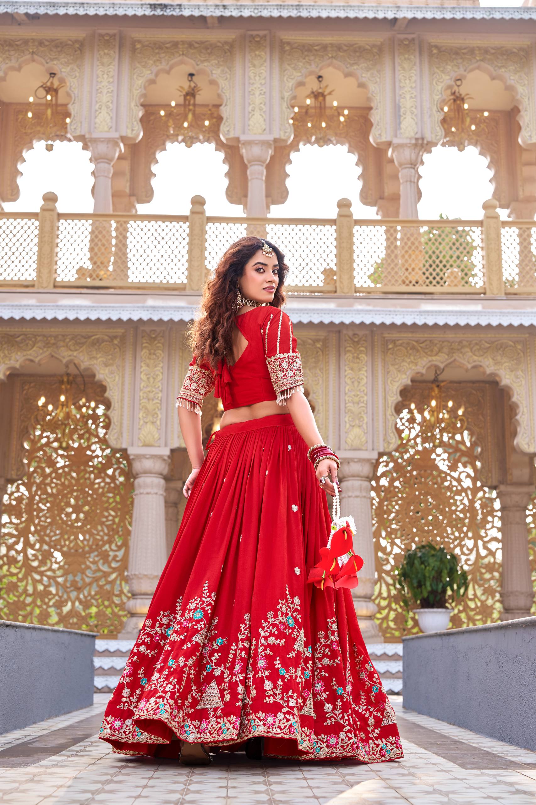 Red Vichitra Cording Embroidered Wedding Lehenga Choli Set with Dupatta [3 PCS]