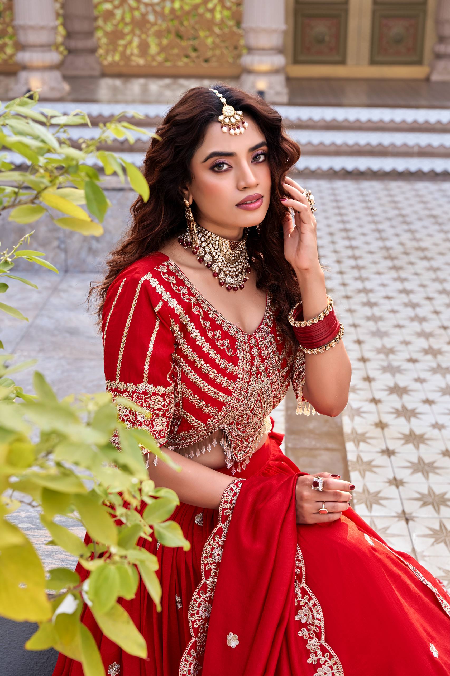 Red Vichitra Cording Embroidered Wedding Lehenga Choli Set with Dupatta [3 PCS]