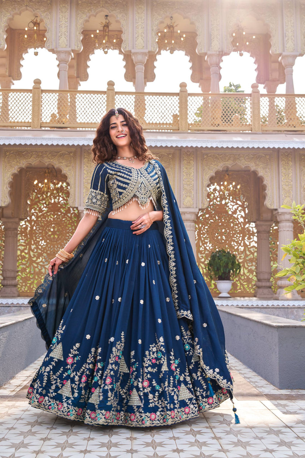 Navy Blue Vichitra Cording Embroidered Wedding Lehenga Choli Set with Dupatta [3 PCS]