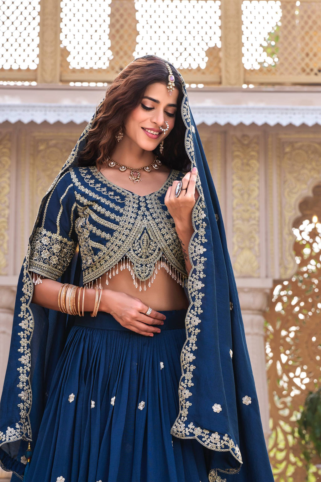 Navy Blue Vichitra Cording Embroidered Wedding Lehenga Choli Set with Dupatta [3 PCS]
