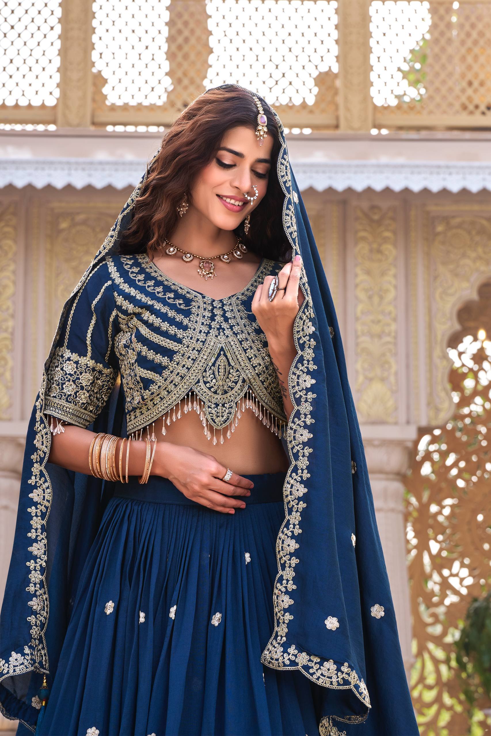 Navy Blue Vichitra Cording Embroidered Wedding Lehenga Choli Set with Dupatta [3 PCS]