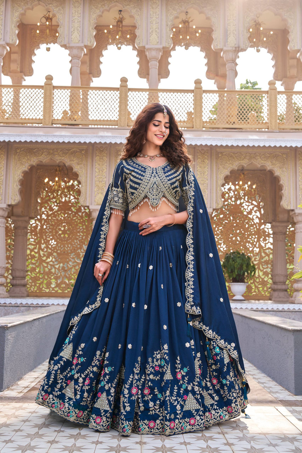Navy Blue Vichitra Cording Embroidered Wedding Lehenga Choli Set with Dupatta [3 PCS]