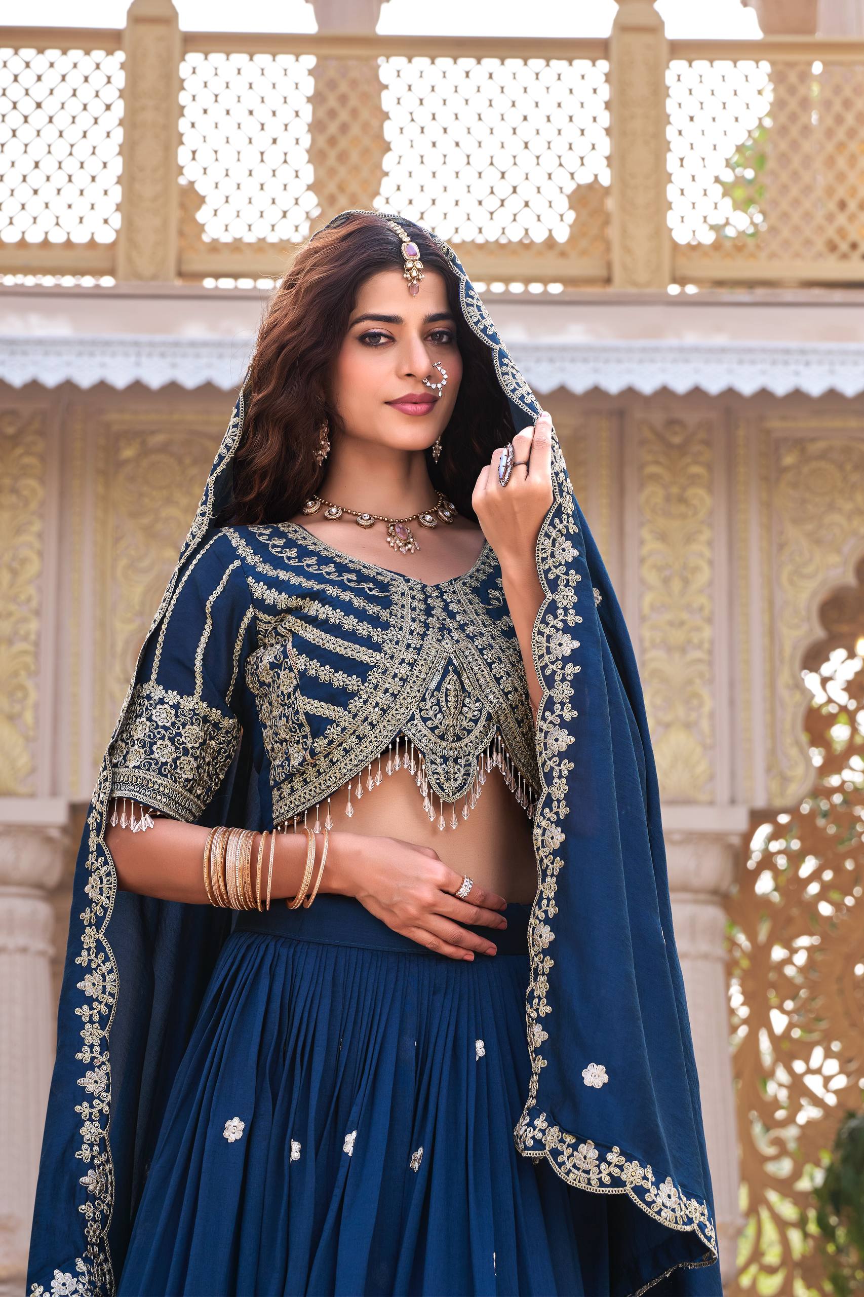 Navy Blue Vichitra Cording Embroidered Wedding Lehenga Choli Set with Dupatta [3 PCS]
