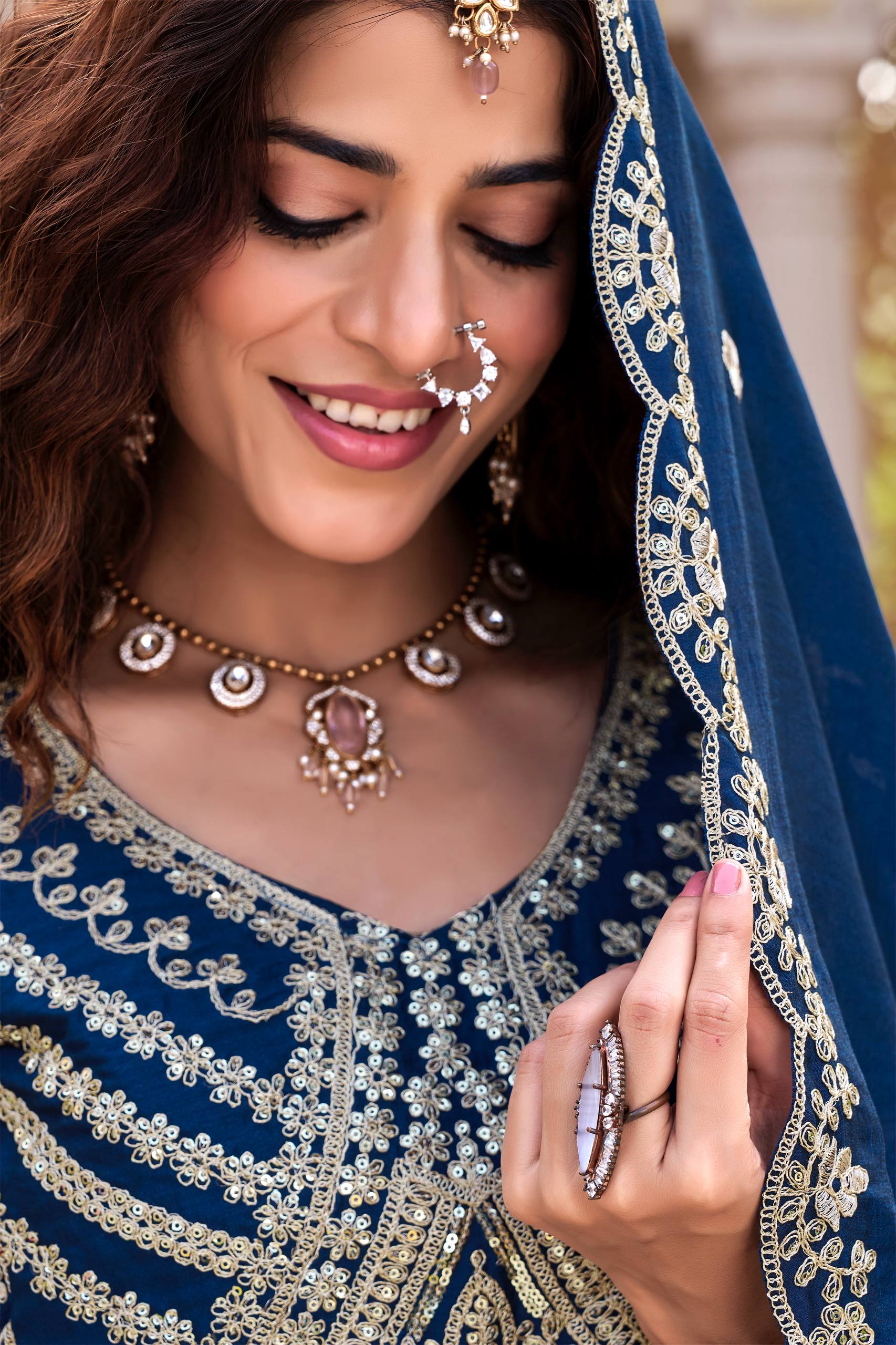 Navy Blue Vichitra Cording Embroidered Wedding Lehenga Choli Set with Dupatta [3 PCS]