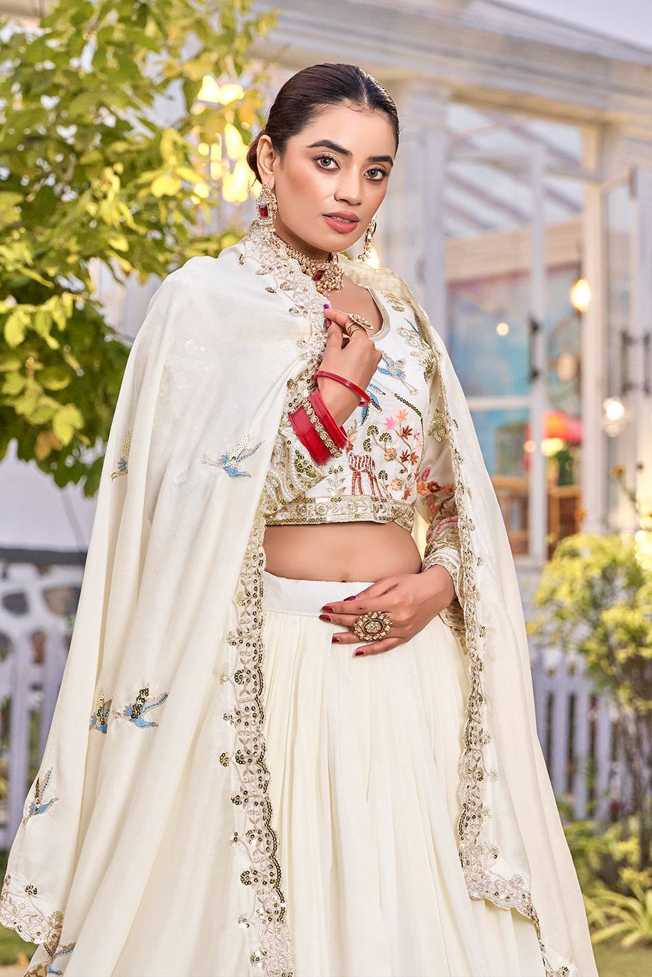 White Vichitra Embroidered Wedding Lehenga Choli Set with Dupatta [3 PCS]