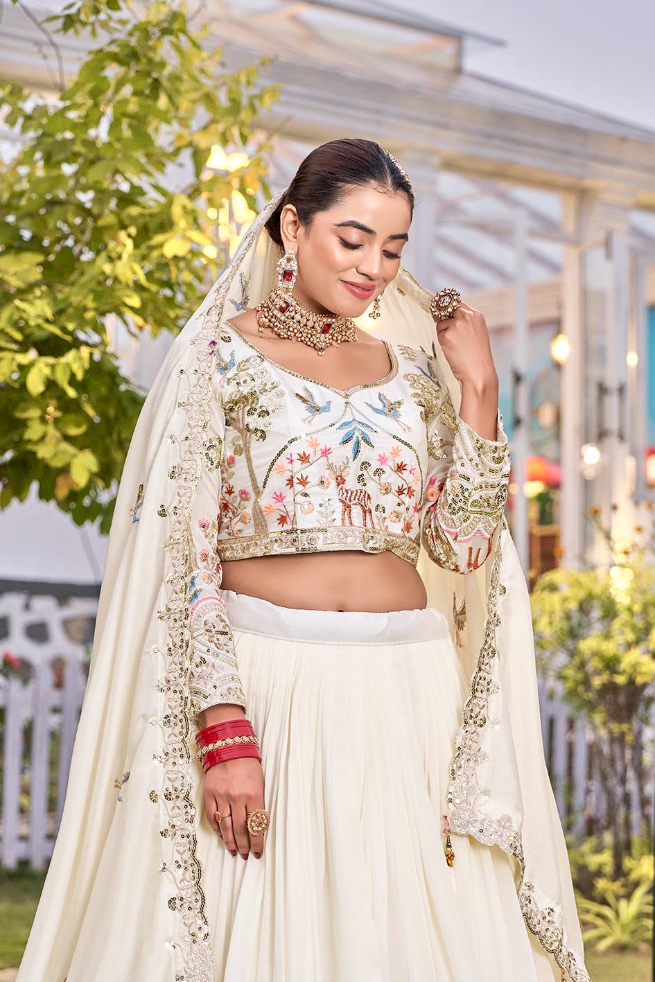 White Vichitra Embroidered Wedding Lehenga Choli Set with Dupatta [3 PCS]