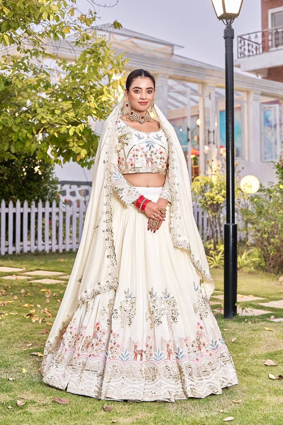 White Vichitra Embroidered Wedding Lehenga Choli Set with Dupatta [3 PCS]