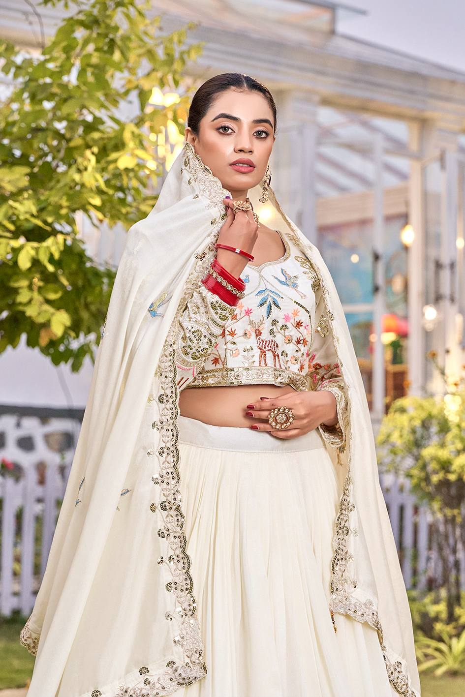 White Vichitra Embroidered Wedding Lehenga Choli Set with Dupatta [3 PCS]