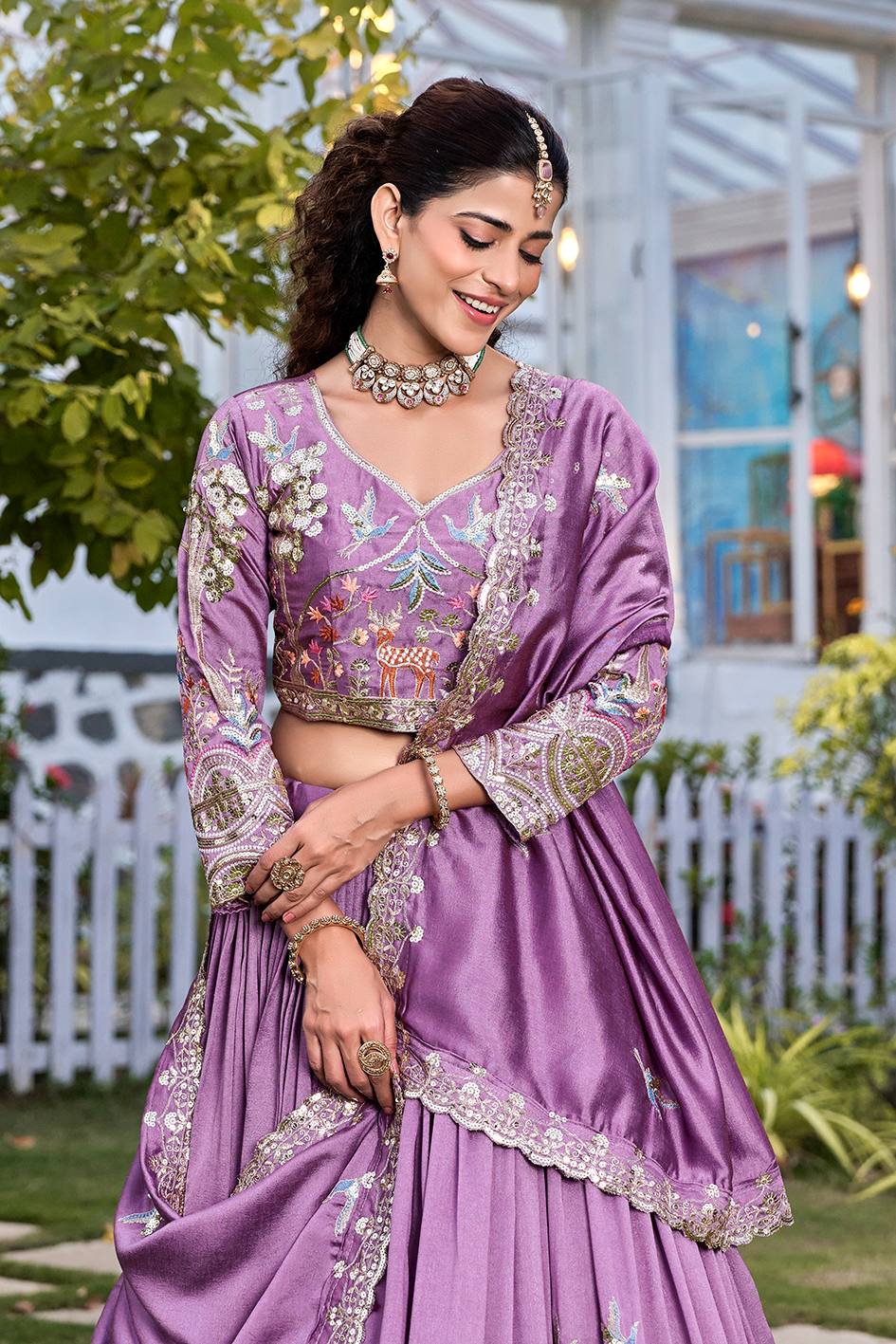 Lavender Vichitra Embroidered Wedding Lehenga Choli Set with Dupatta [3 PCS]