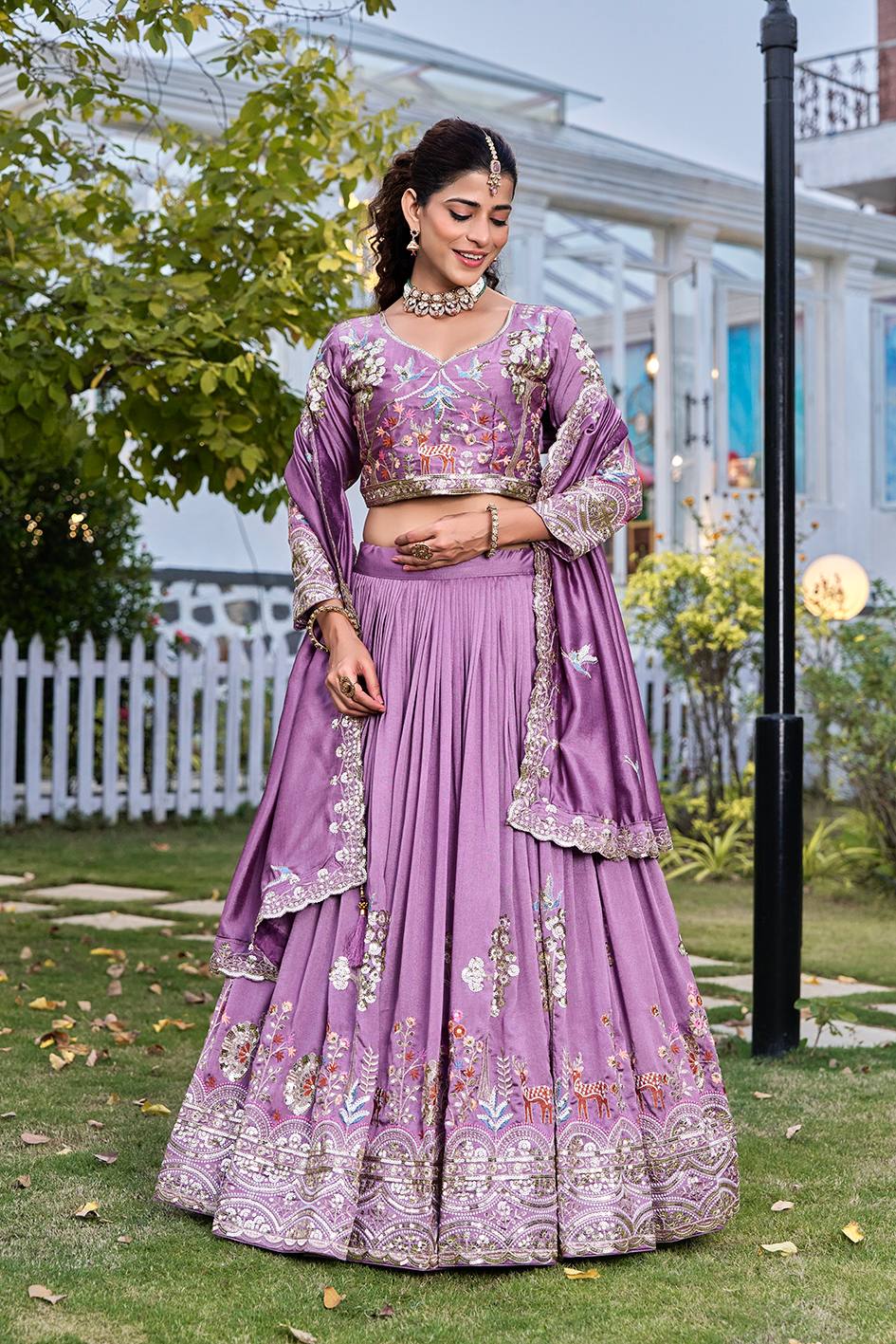 Lavender Vichitra Embroidered Wedding Lehenga Choli Set with Dupatta [3 PCS]