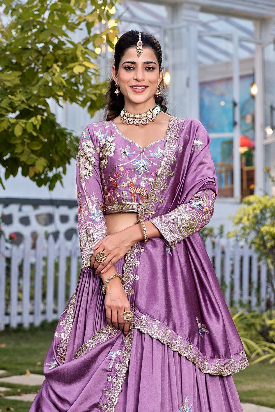 Lavender Vichitra Embroidered Wedding Lehenga Choli Set with Dupatta [3 PCS]