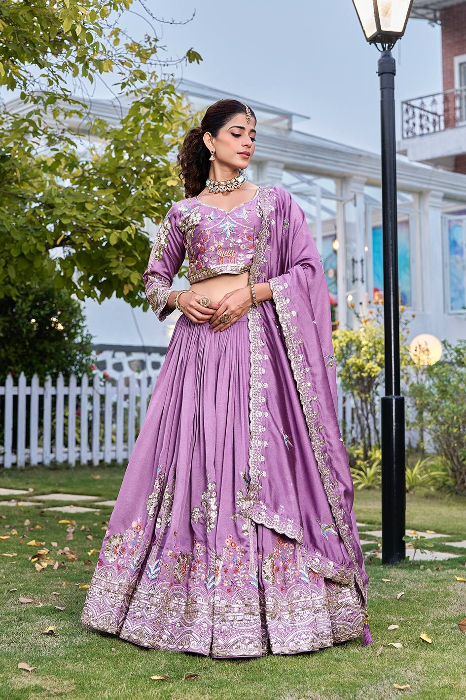Lavender Vichitra Embroidered Wedding Lehenga Choli Set with Dupatta [3 PCS]