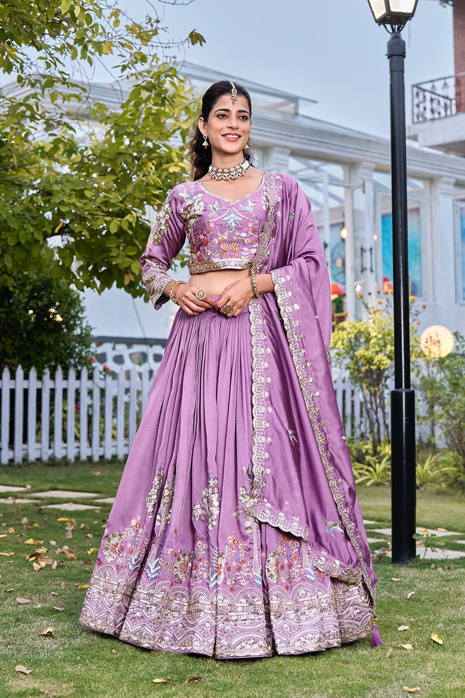Lavender Vichitra Embroidered Wedding Lehenga Choli Set with Dupatta [3 PCS]