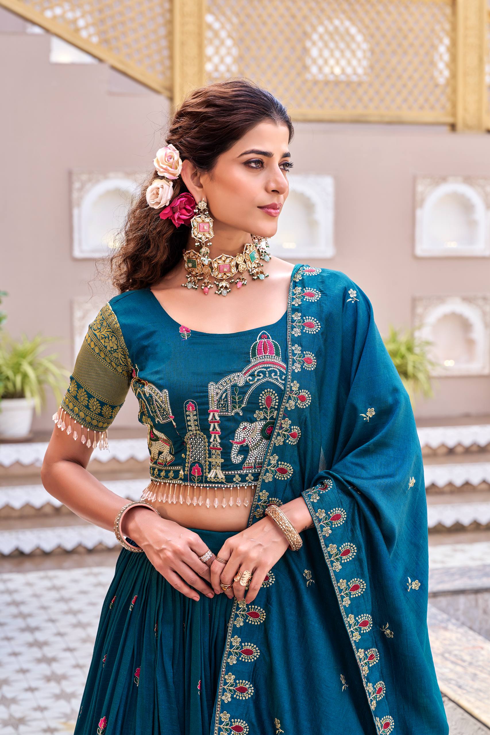 Teal Blue South Collection Lehenga Choli Set with Dupatta [3 PCS]