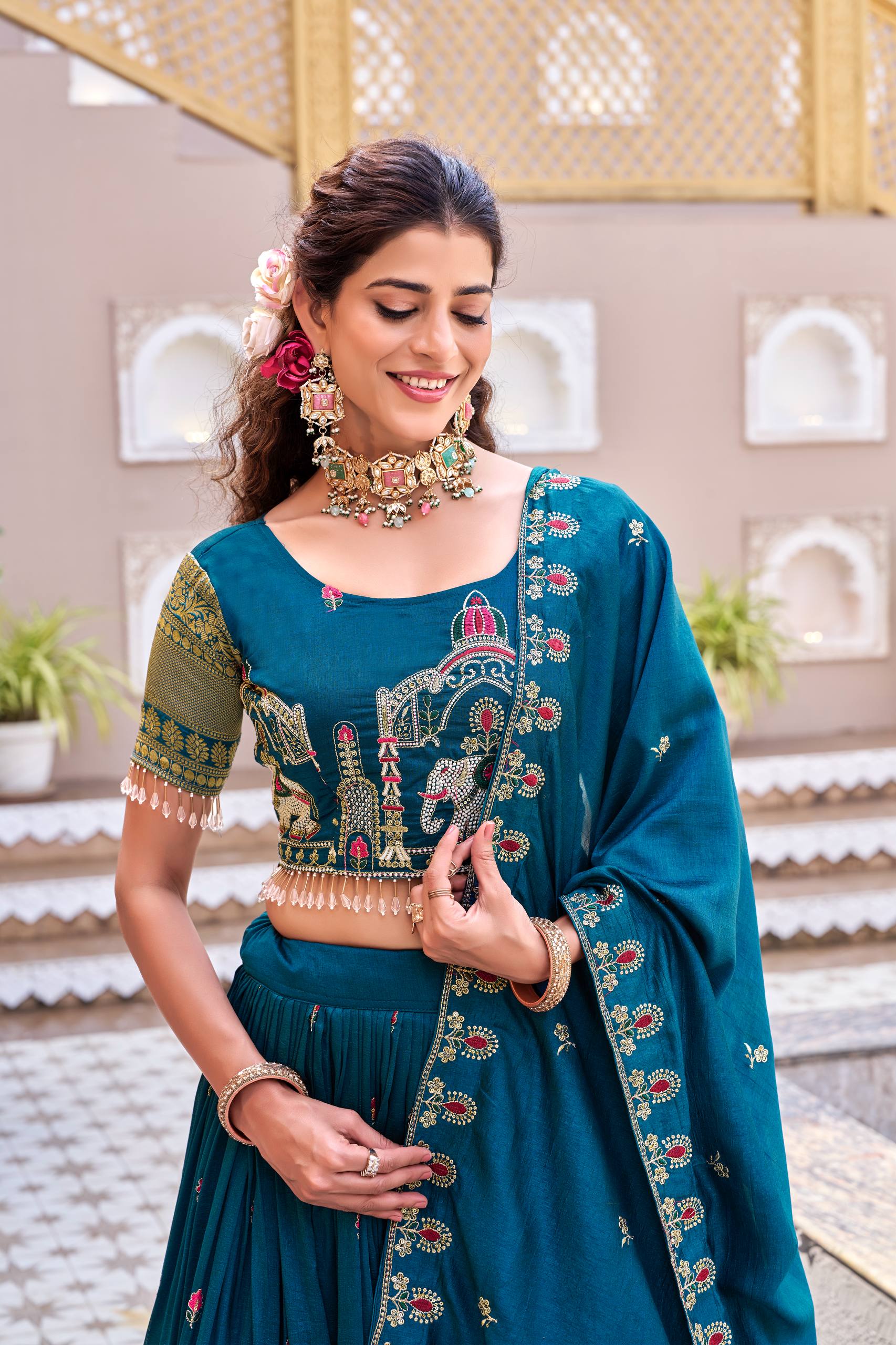 Teal Blue South Collection Lehenga Choli Set with Dupatta [3 PCS]