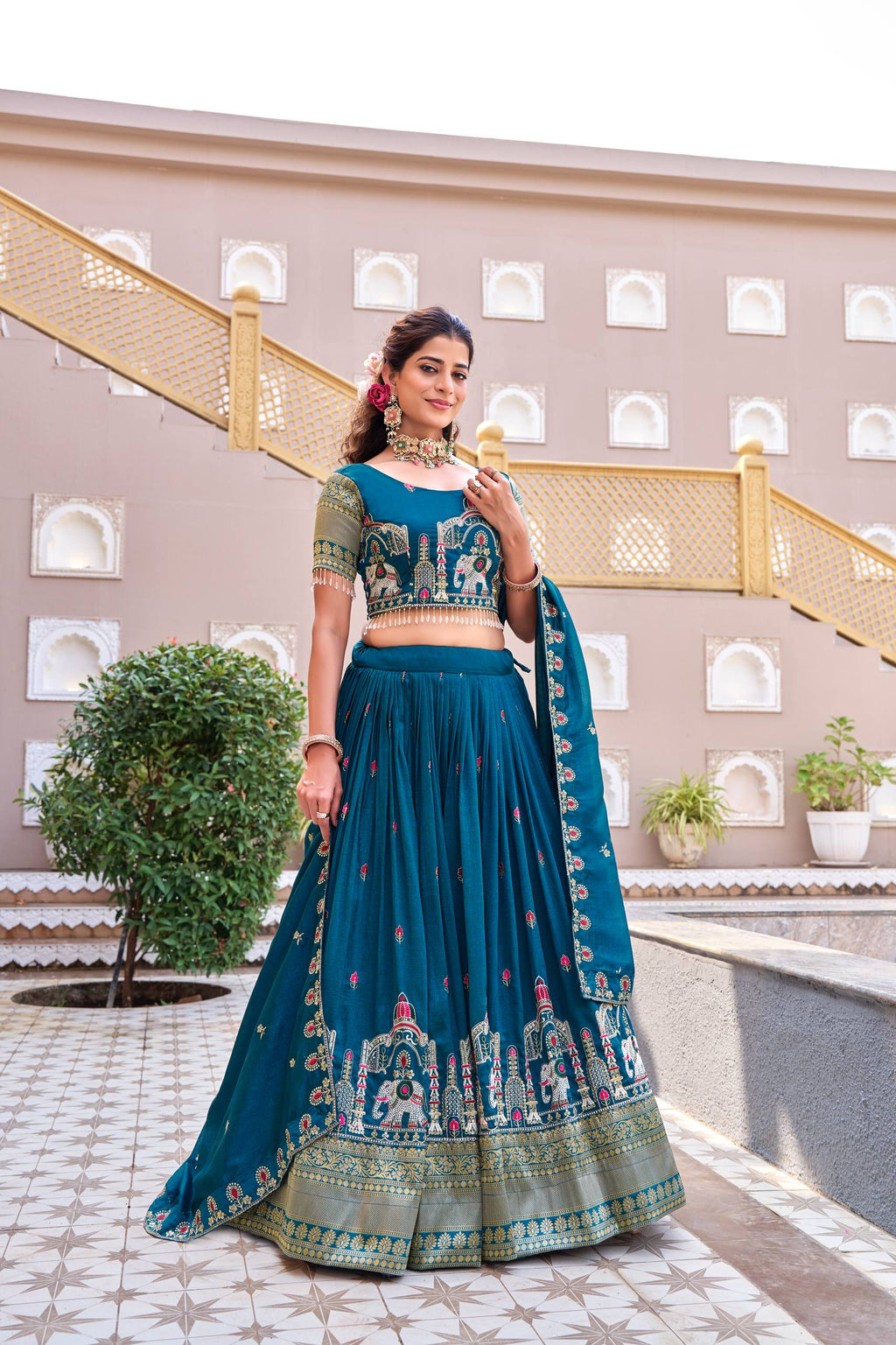Teal Blue South Collection Lehenga Choli Set with Dupatta [3 PCS]