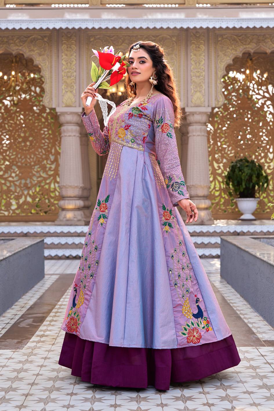 Lavender Satin Silk Wedding Lehenga Choli Set [2 PCS]