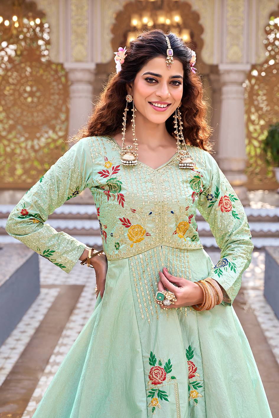 Pista Green Satin Silk Wedding Lehenga Choli Set [2 PCS]