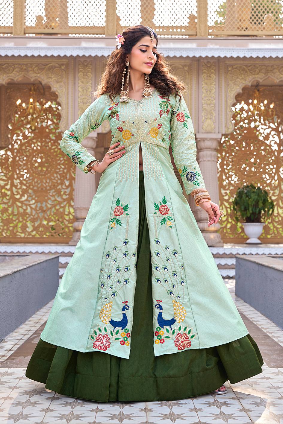 Pista Green Satin Silk Wedding Lehenga Choli Set [2 PCS]