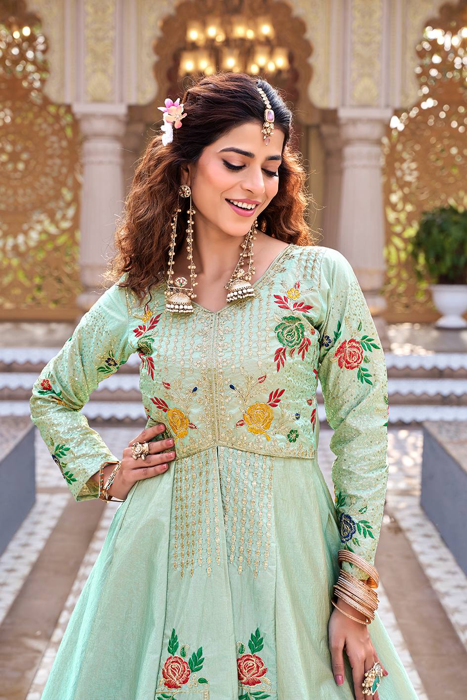 Pista Green Satin Silk Wedding Lehenga Choli Set [2 PCS]