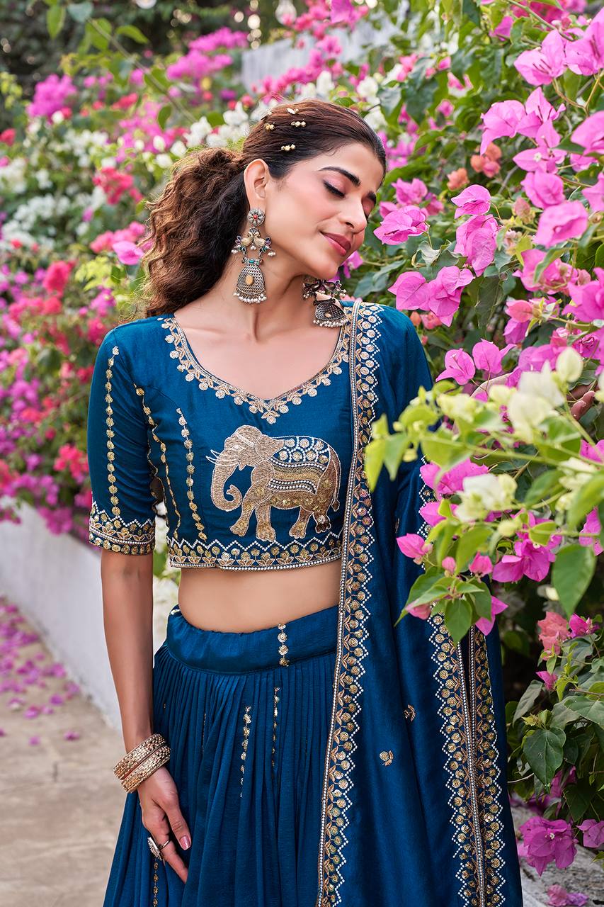 Royal Blue Vichitra Embroidered Wedding Lehenga Choli Set with Dupatta [3 PCS]