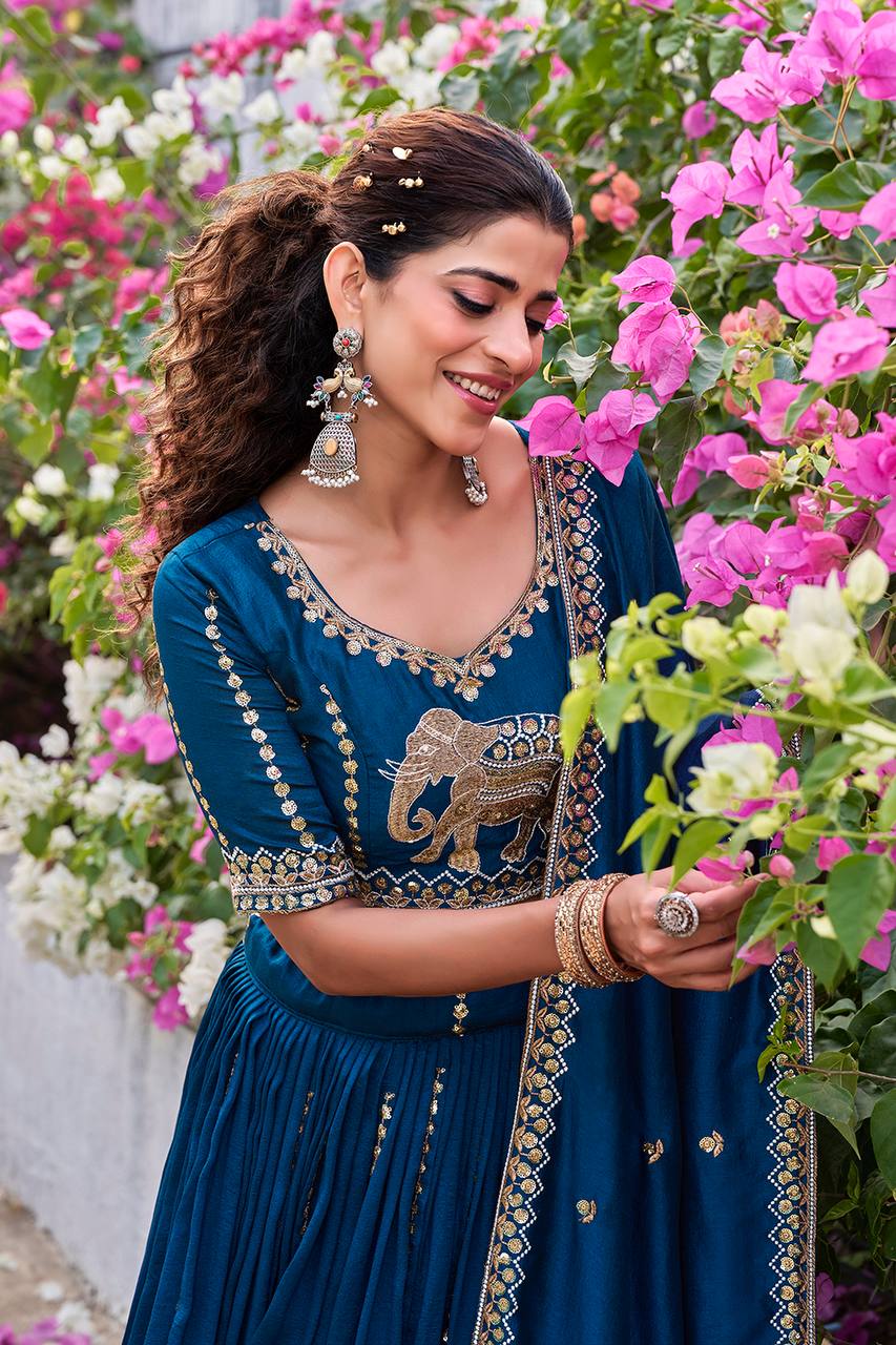 Royal Blue Vichitra Embroidered Wedding Lehenga Choli Set with Dupatta [3 PCS]