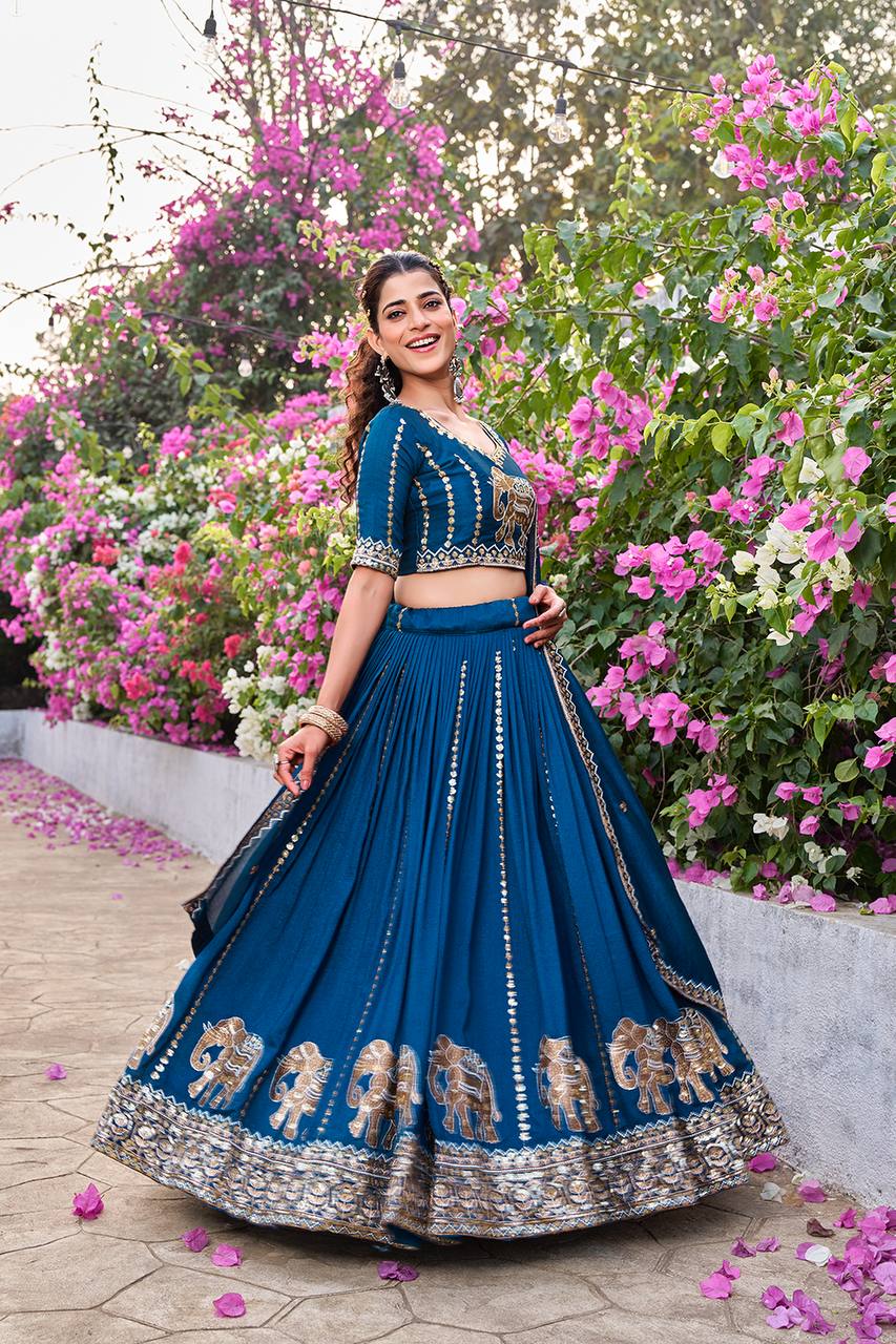 Royal Blue Vichitra Embroidered Wedding Lehenga Choli Set with Dupatta [3 PCS]