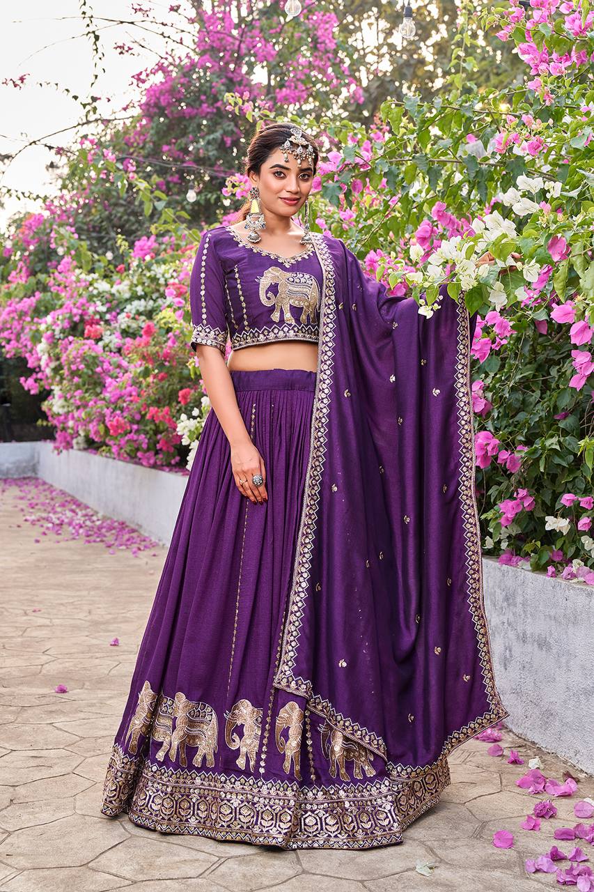 Purple Vichitra Embroidered Wedding Lehenga Choli Set with Dupatta [3 PCS]