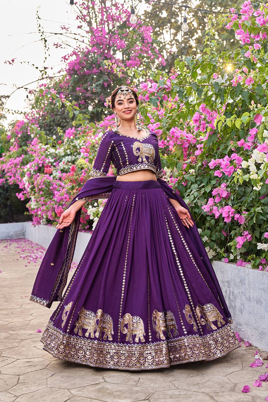 Purple Vichitra Embroidered Wedding Lehenga Choli Set with Dupatta [3 PCS]