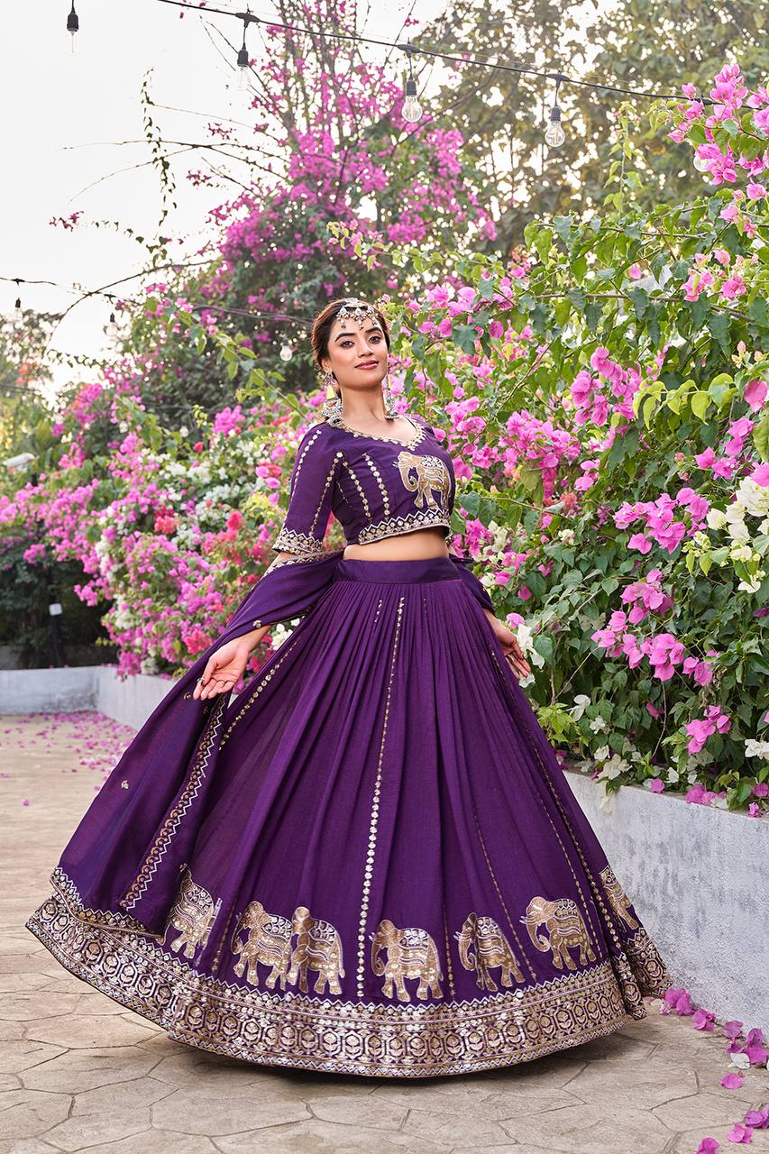 Purple Vichitra Embroidered Wedding Lehenga Choli Set with Dupatta [3 PCS]