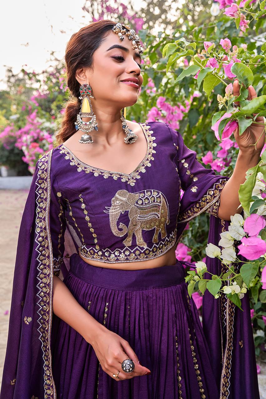Purple Vichitra Embroidered Wedding Lehenga Choli Set with Dupatta [3 PCS]