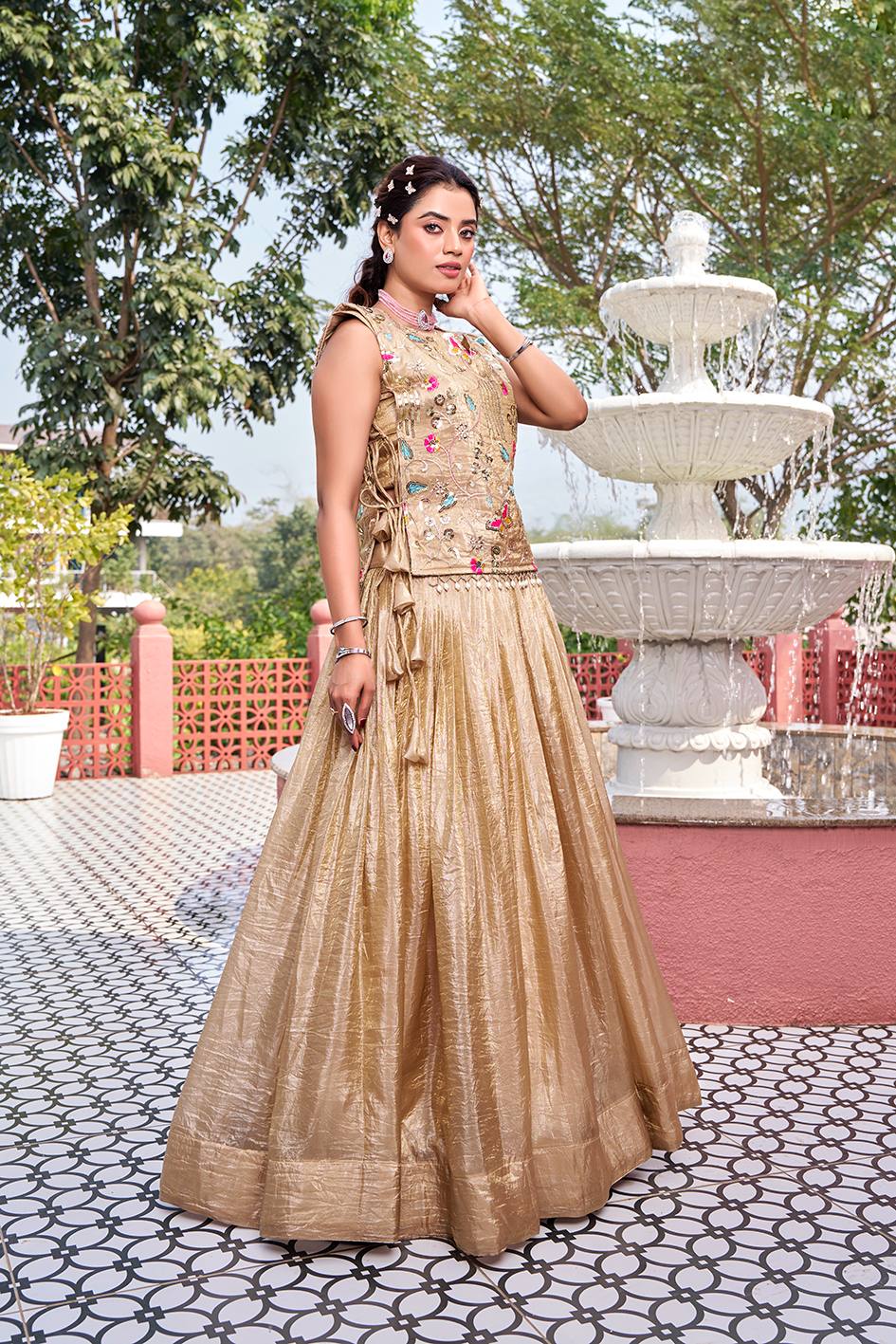 Gold Crush Wedding Lehenga Choli Set with Embroidered Shrug [3 PCS]