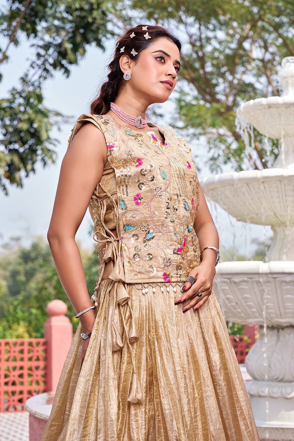 Gold Crush Wedding Lehenga Choli Set with Embroidered Shrug [3 PCS]