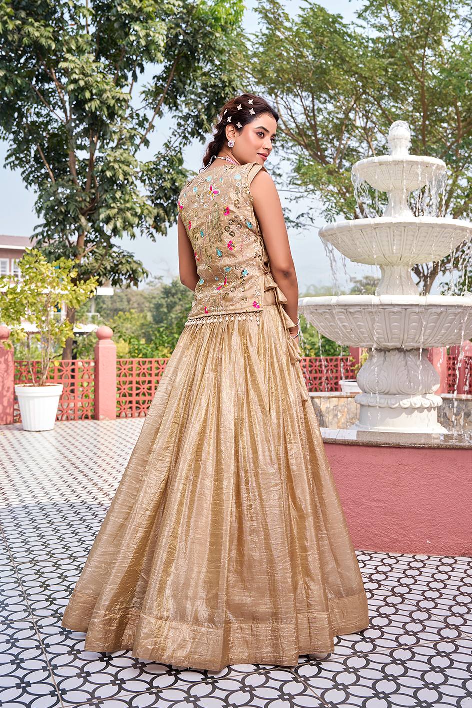 Gold Crush Wedding Lehenga Choli Set with Embroidered Shrug [3 PCS]
