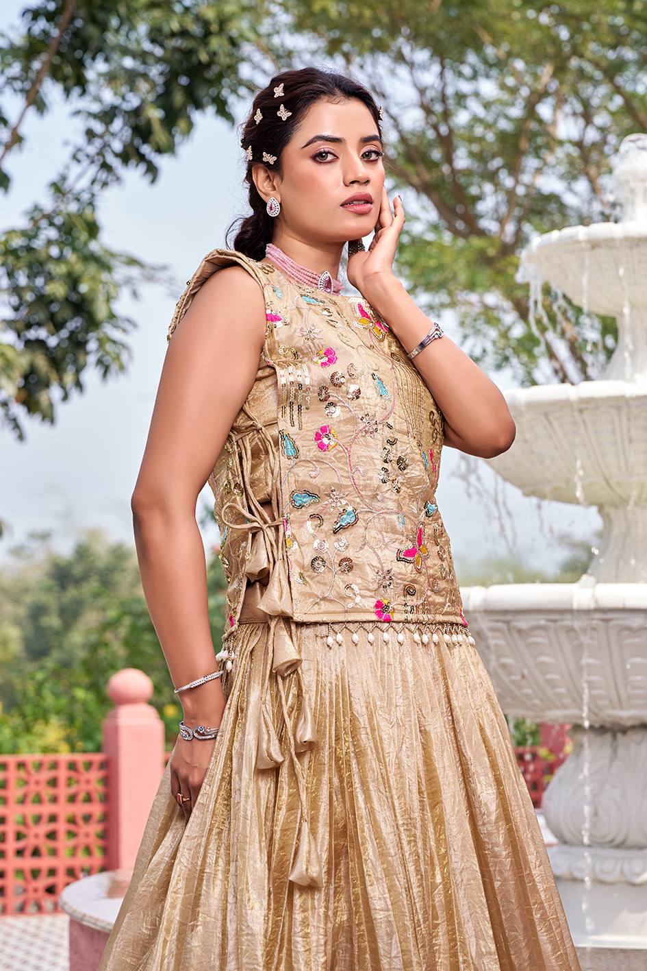 Gold Crush Wedding Lehenga Choli Set with Embroidered Shrug [3 PCS]