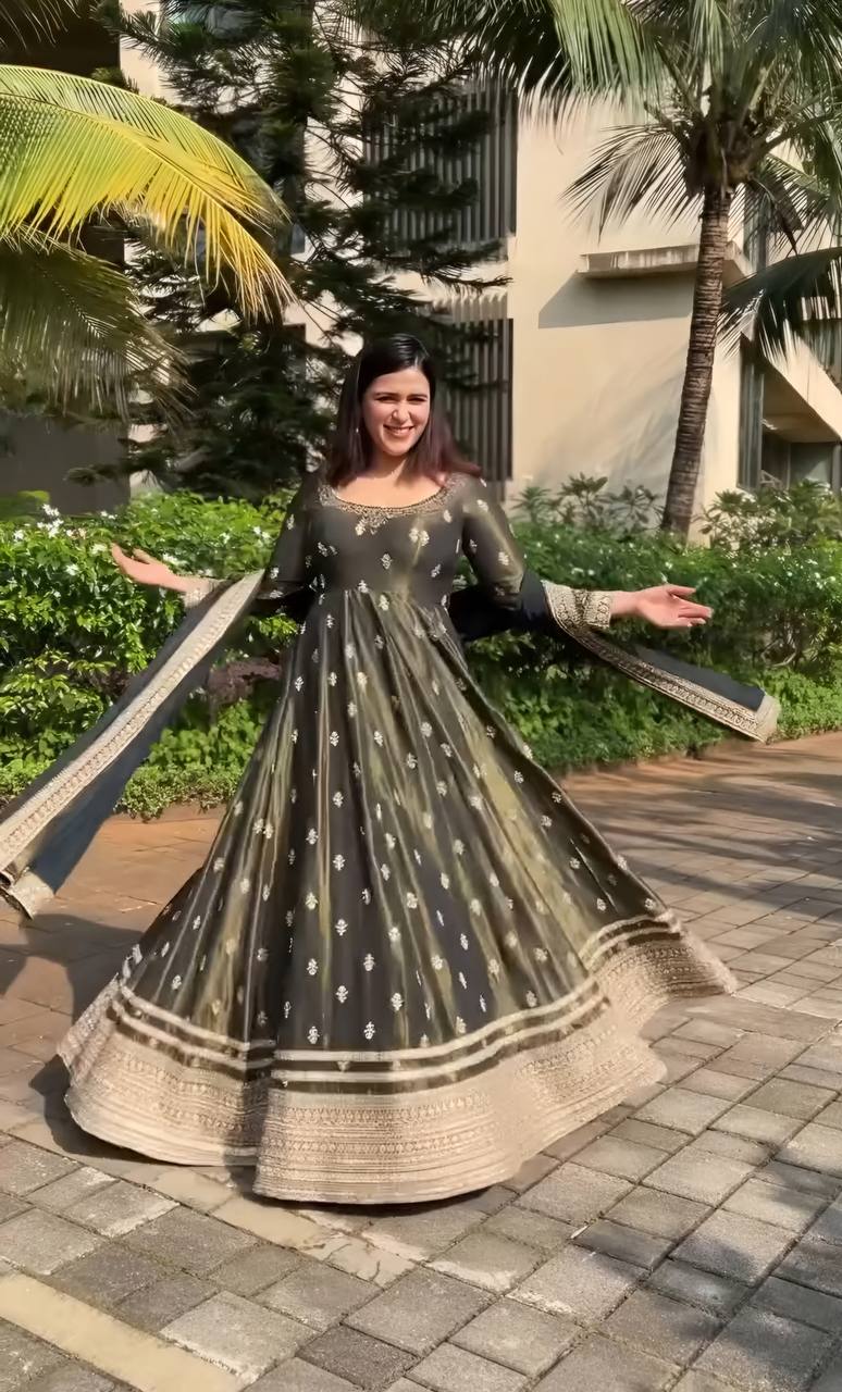 Eid Special Chinon Silk Embroidered Anarkali Suit Set [3 PCS]