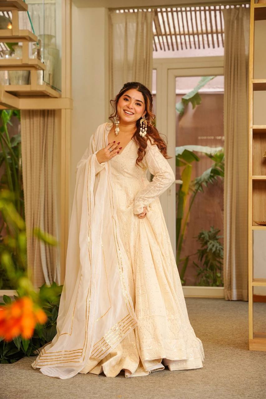 Off White Eid Special Embroidered Anarkali Suit Set [3 PCS]
