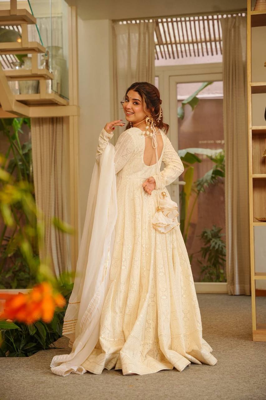 Off White Eid Special Embroidered Anarkali Suit Set [3 PCS]