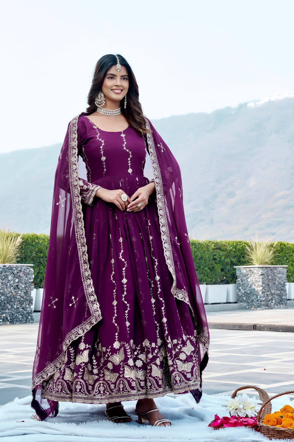 Purple Georgette Embroidered Festival Gown Set with Dupatta [2 PCS]