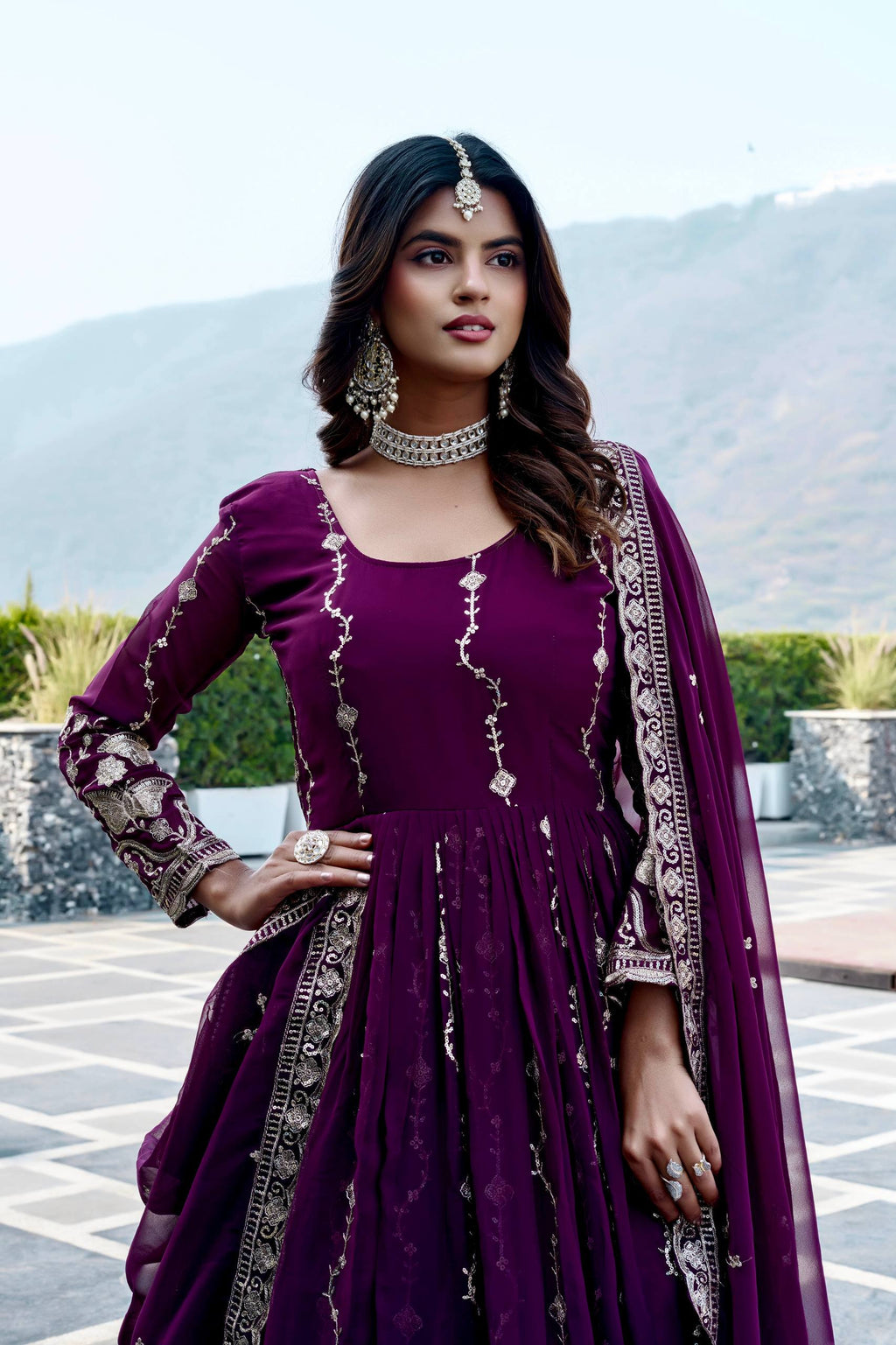Purple Georgette Embroidered Festival Gown Set with Dupatta [2 PCS]