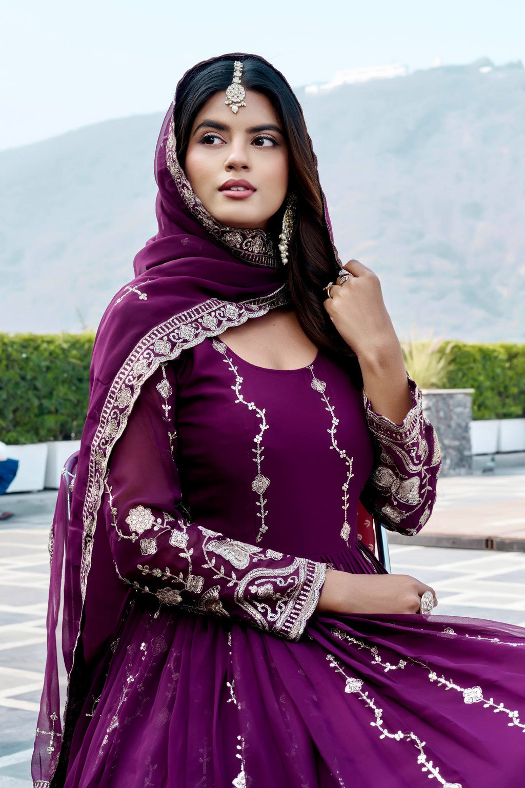 Purple Georgette Embroidered Festival Gown Set with Dupatta [2 PCS]