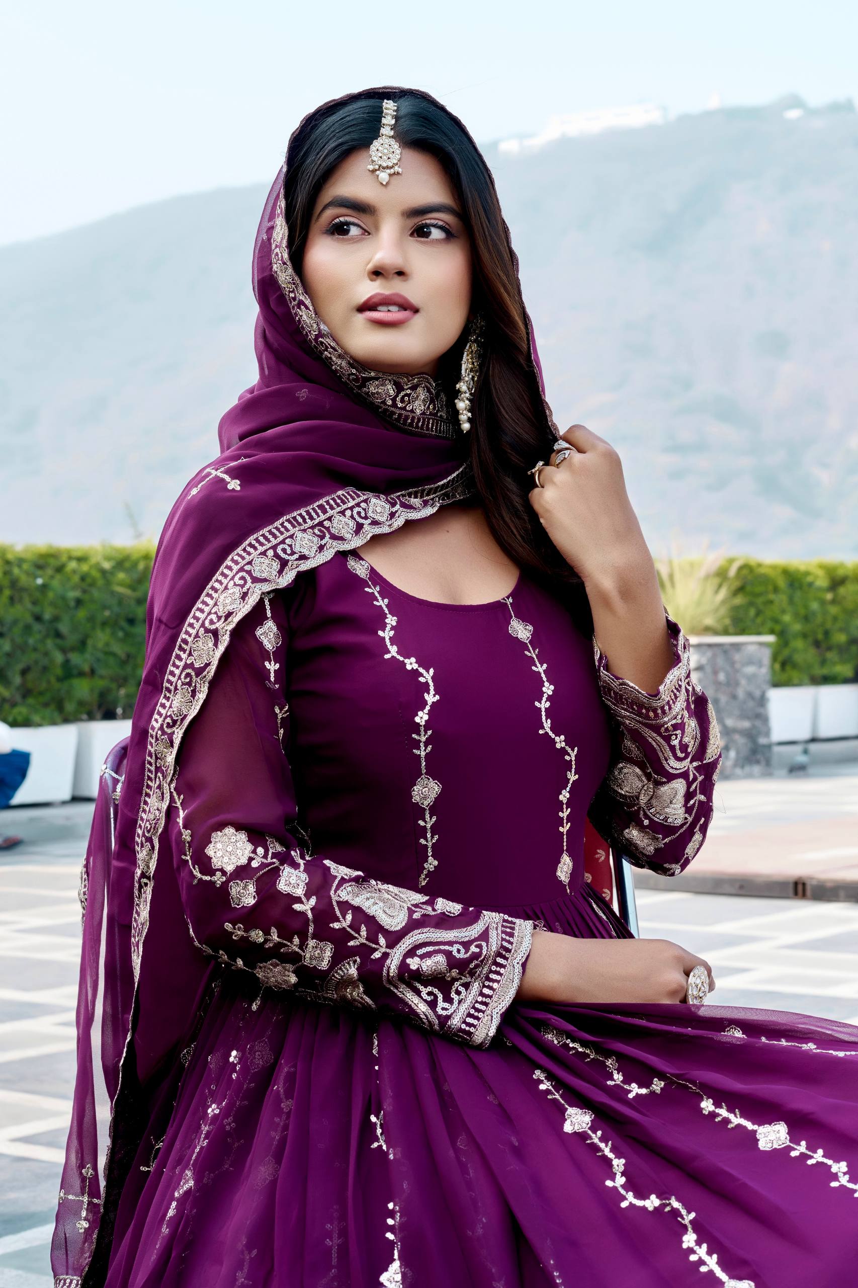 Purple Georgette Embroidered Festival Gown Set with Dupatta [2 PCS]