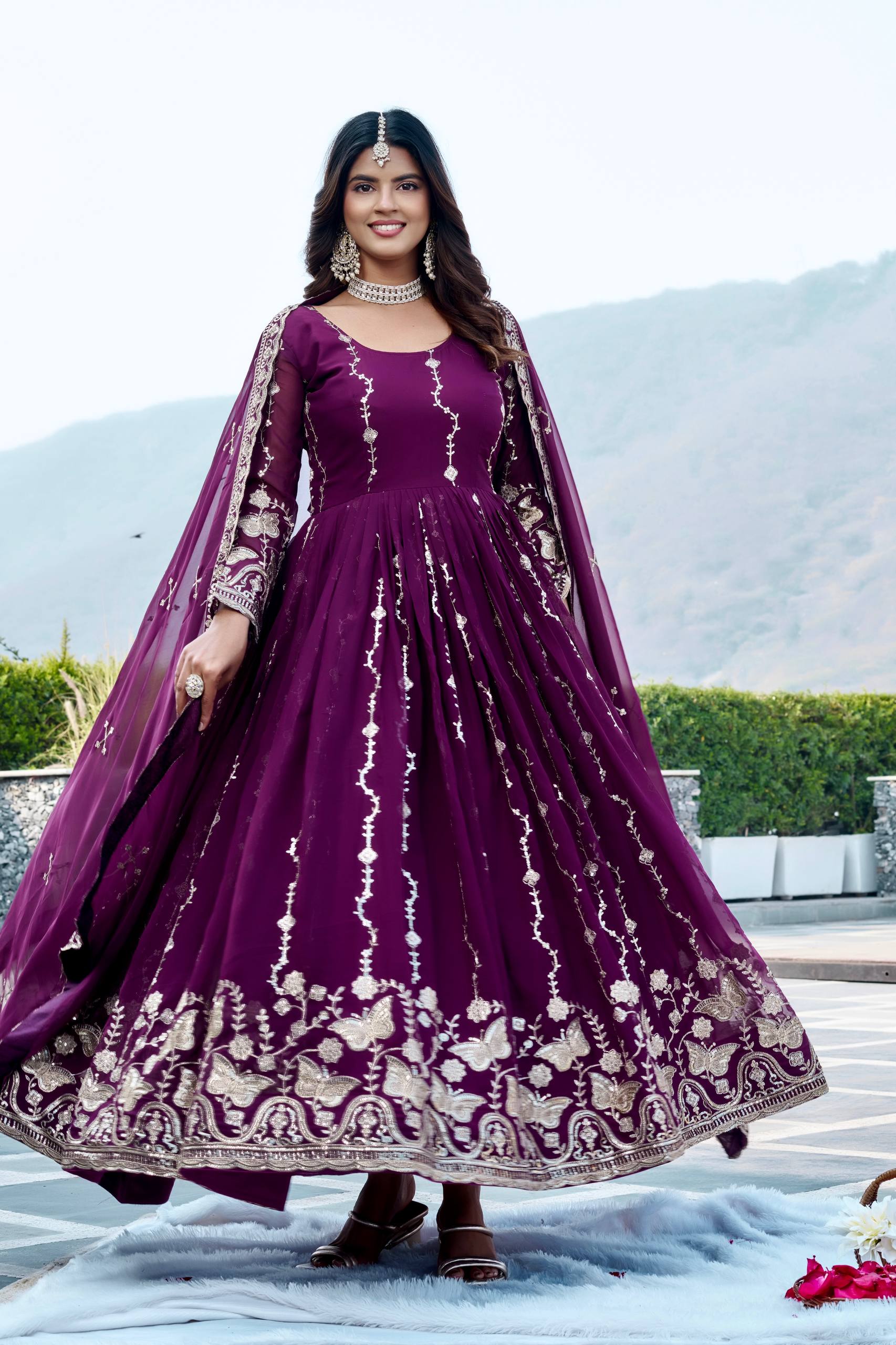 Purple Georgette Embroidered Festival Gown Set with Dupatta [2 PCS]